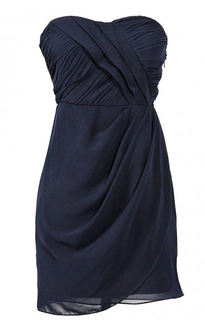 Triple Pleat Chiffon Drape Designer Dress by Minuet in Navy